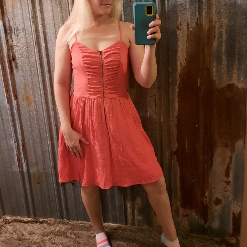 Crinkled Ruffled Front Zip Up Burnt Orange Elastic Xhilaration Sun Dress